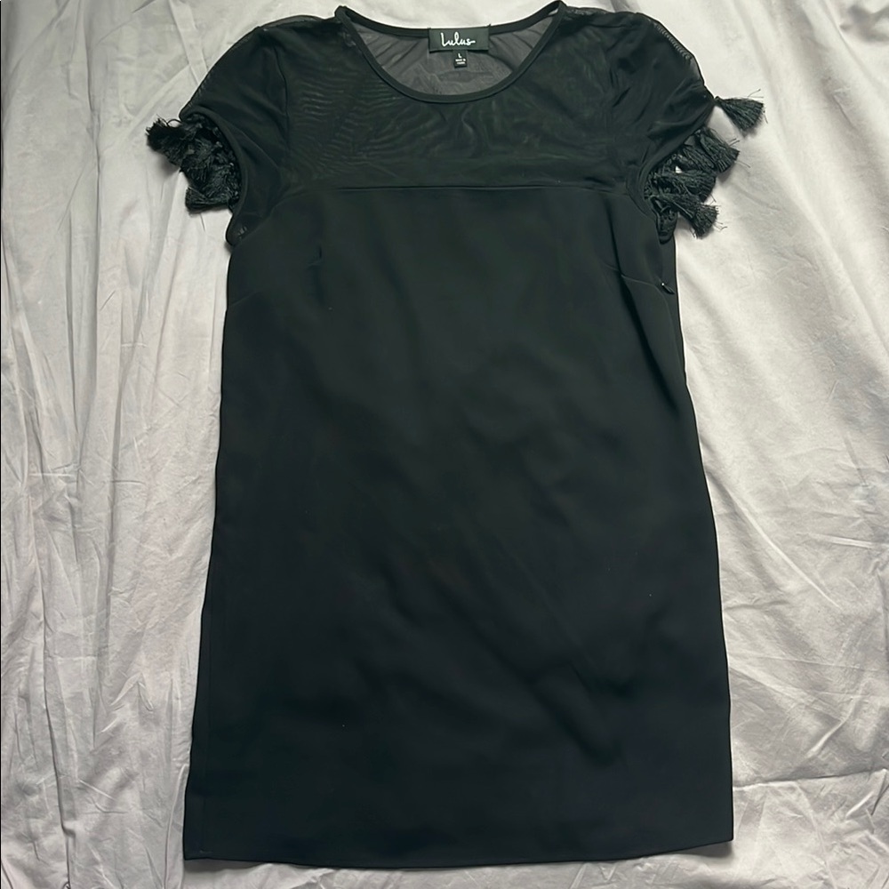 Black Short Sleeve Tassel Dress with Sheer Details